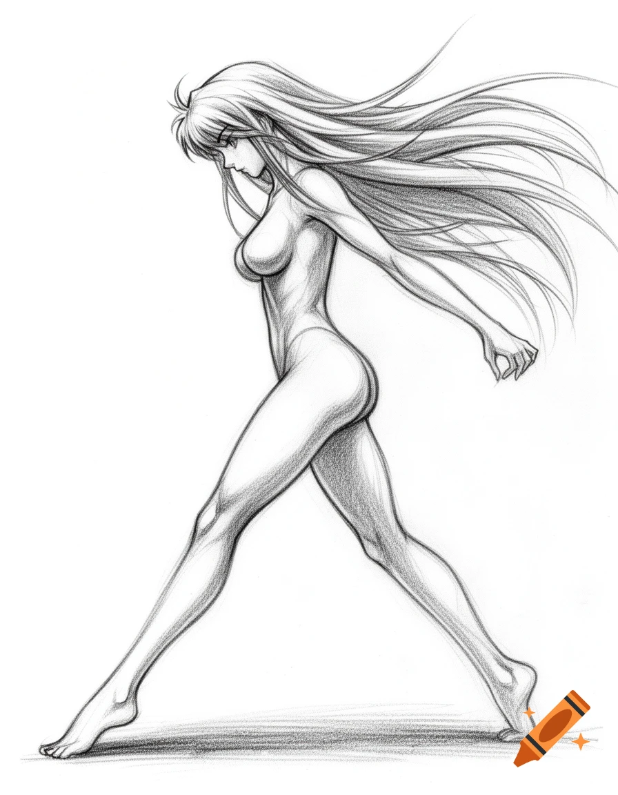 A dynamic pencil sketch of an anime female body with long flowing hair, looking down while taking a large stride.