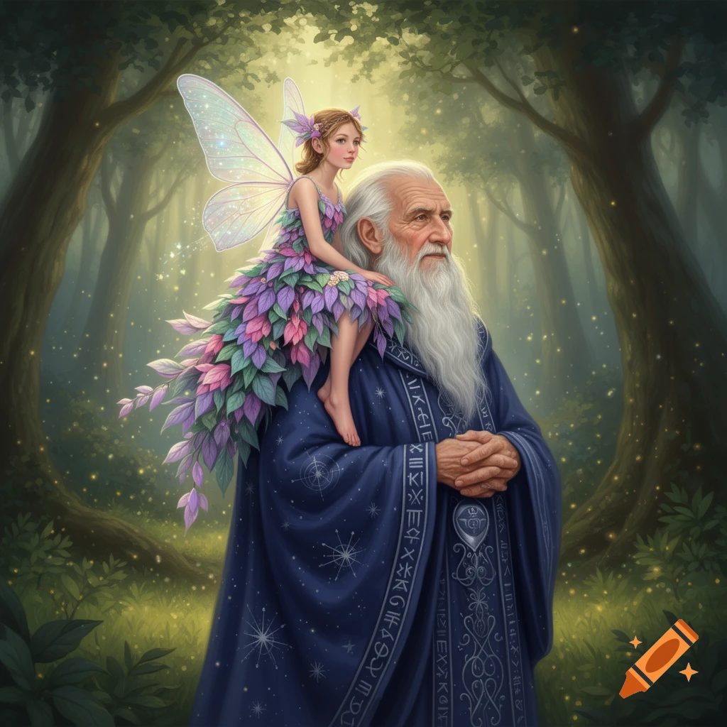 A small fairy princess with delicate wings and a leaf dress sits on the shoulder of an old wizard with a long white beard, both looking forward in an enchanted forest.