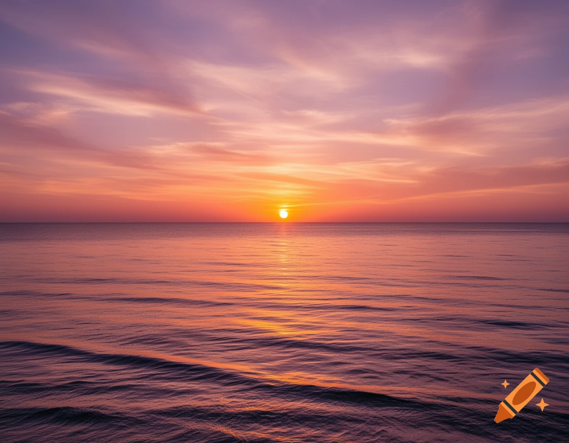 A vibrant orange sun setting over a calm ocean, reflecting on the water, beneath a sky with pink and purple clouds.