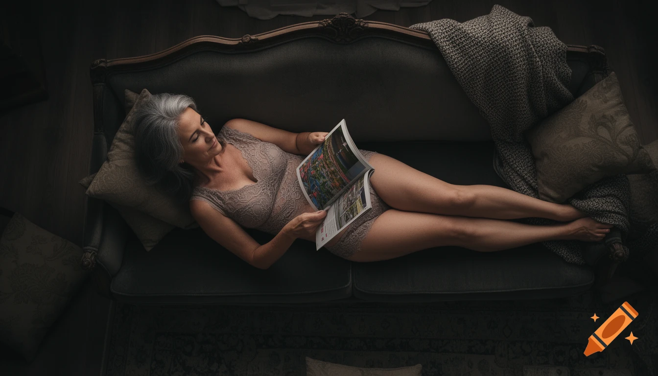 A mature woman with gray hair in lace lingerie lies on a sofa reading a magazine, captured from above in a dimly lit, muted-color photorealistic style.