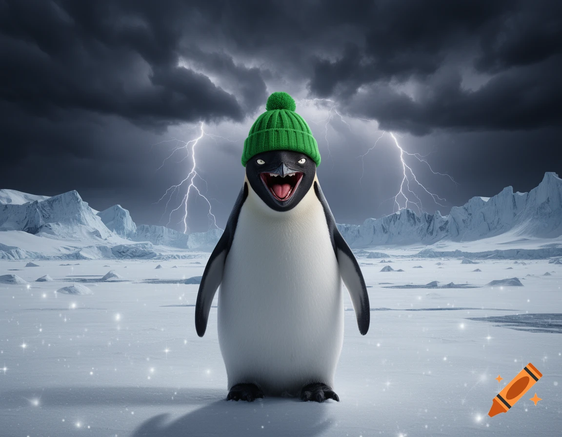 A stylized emperor penguin wearing a green bobble hat laughs manically in a stormy Antarctic landscape with lightning.