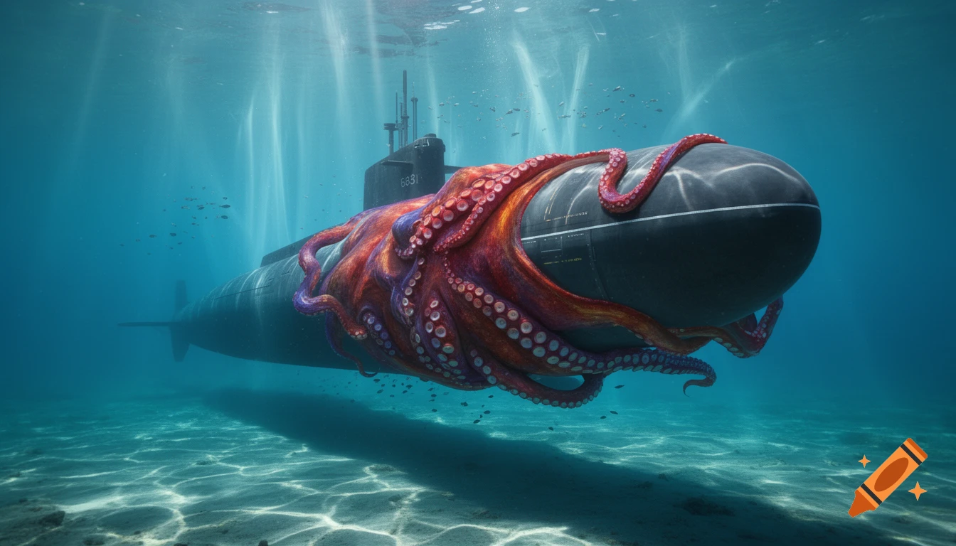 A giant colorful octopus with red and purple tentacles wrapped around a dark grey submarine underwater, with light rays from the surface.
