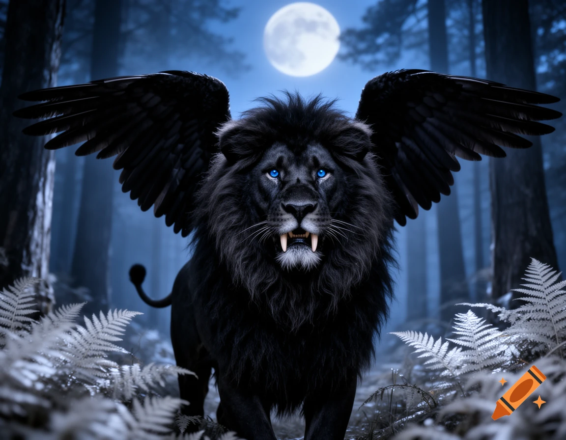 A majestic black lion with large black wings, striking blue eyes, and sabre teeth stands in a moonlit forest surrounded by white ferns, fantasy style.