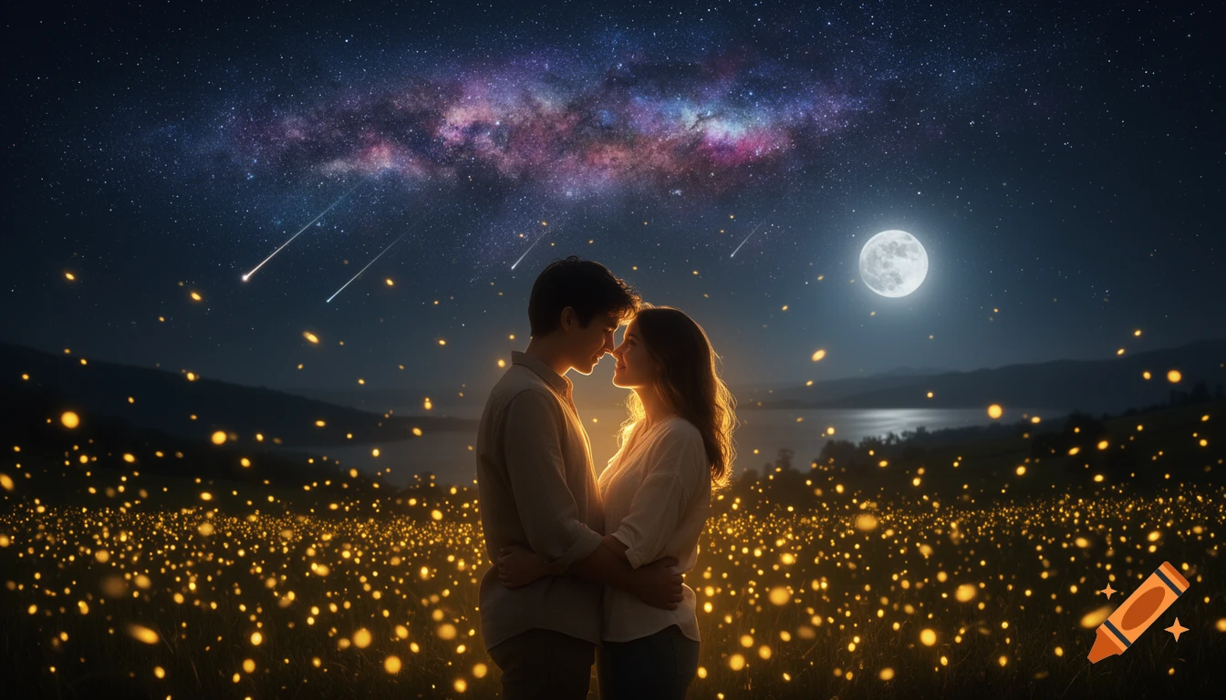 A young couple embraces in a field glowing with thousands of fireflies under a breathtaking night sky with a full moon and a galaxy.