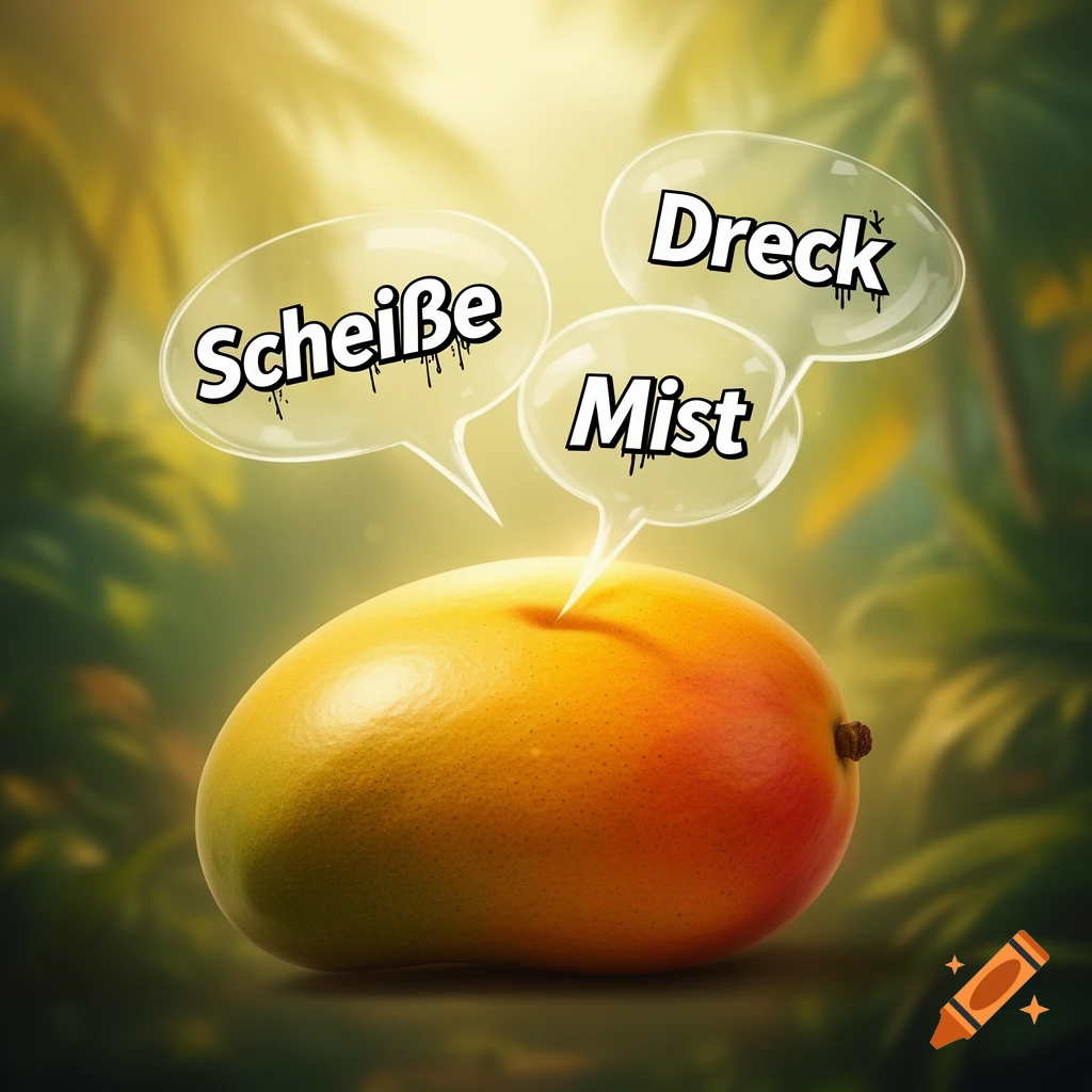 Photorealistic mango with three speech bubbles containing German swear words 'Scheiße', 'Dreck', 'Mist' over a blurred tropical background.
