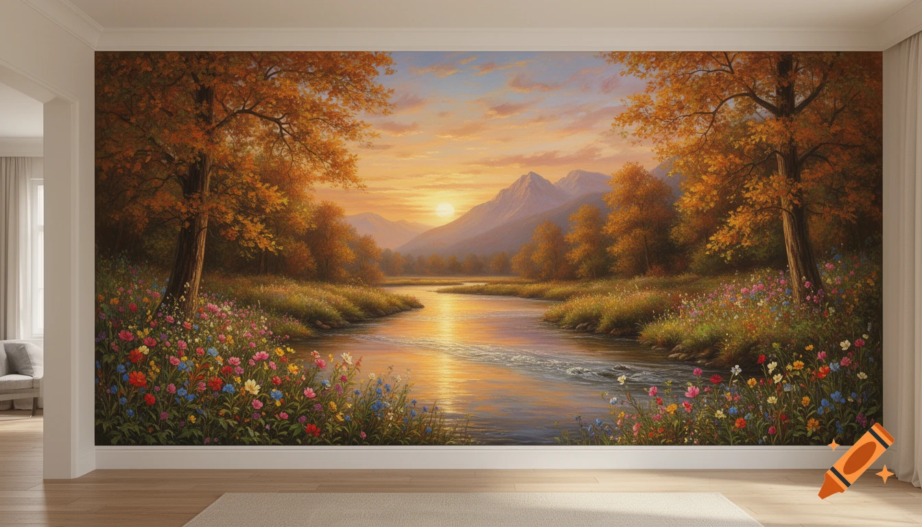 An autumn landscape painting featuring a river, trees with colorful leaves, mountains, and wildflowers, displayed as a wall mural in a room.