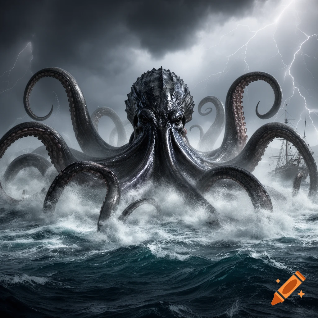 A colossal, photorealistic kraken emerges from dark, stormy seas with lightning, a ship visible in the distant background.