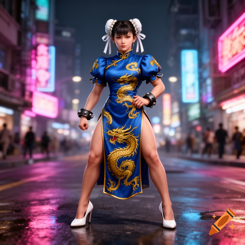 Chun-Li in a blue qipao with gold dragons and white heels stands on a wet city street at night under neon signs.