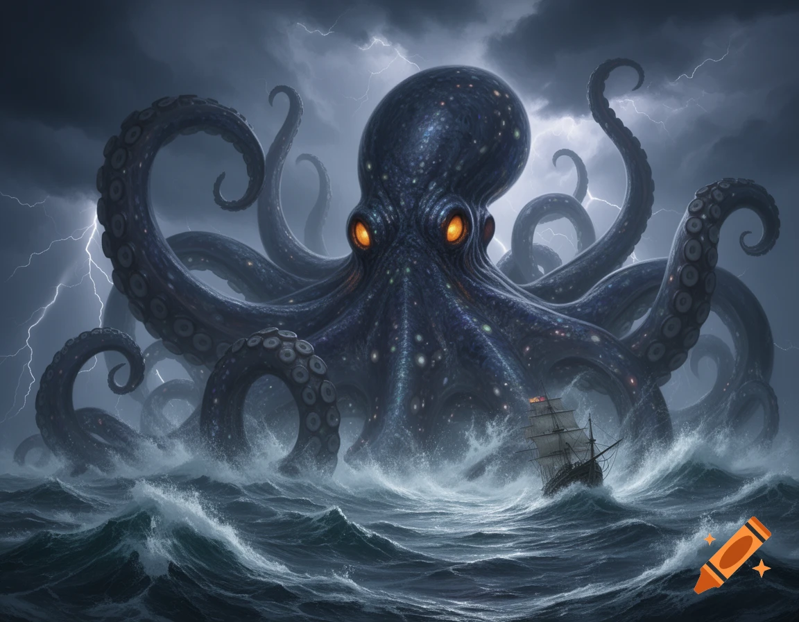 A colossal kraken with glowing eyes emerges from a stormy, dark ocean as lightning strikes, towering over a small ship.