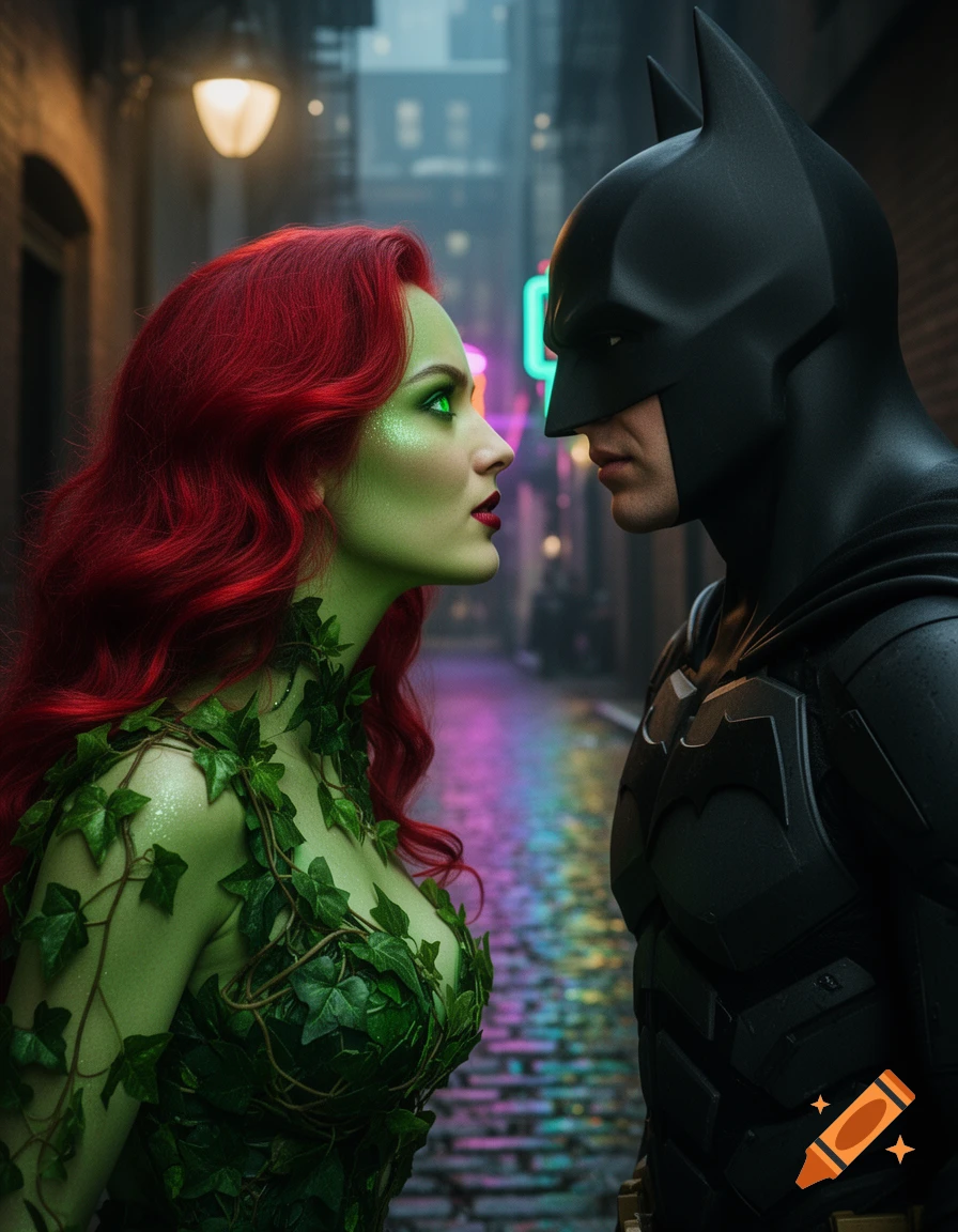Poison Ivy, with red hair, green skin, and an ivy costume, gazes at Batman in a dark, neon-lit city alley.