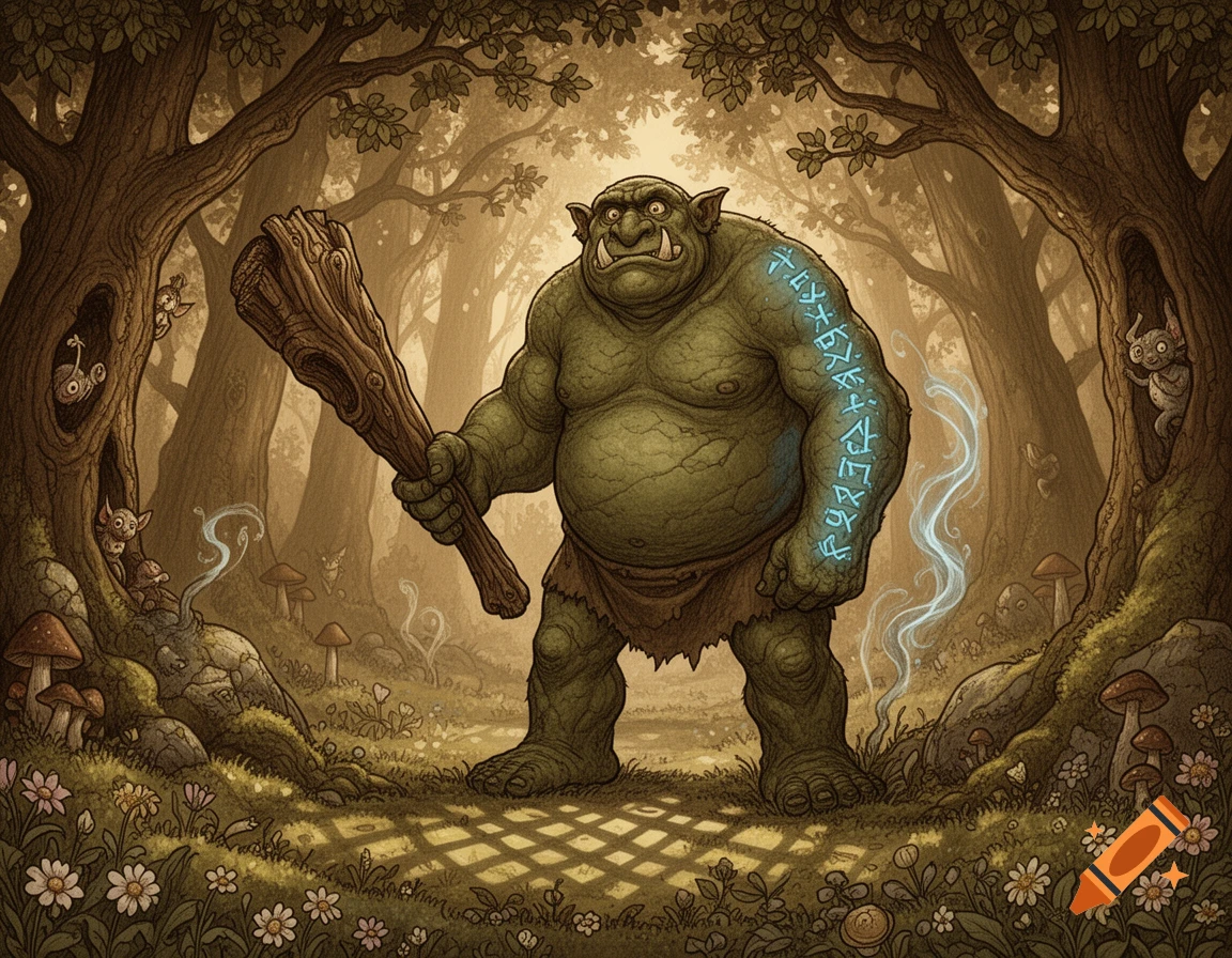 A medieval storybook style illustration of a green ogre with glowing runes on its arm, holding a club in a forest with small creatures.