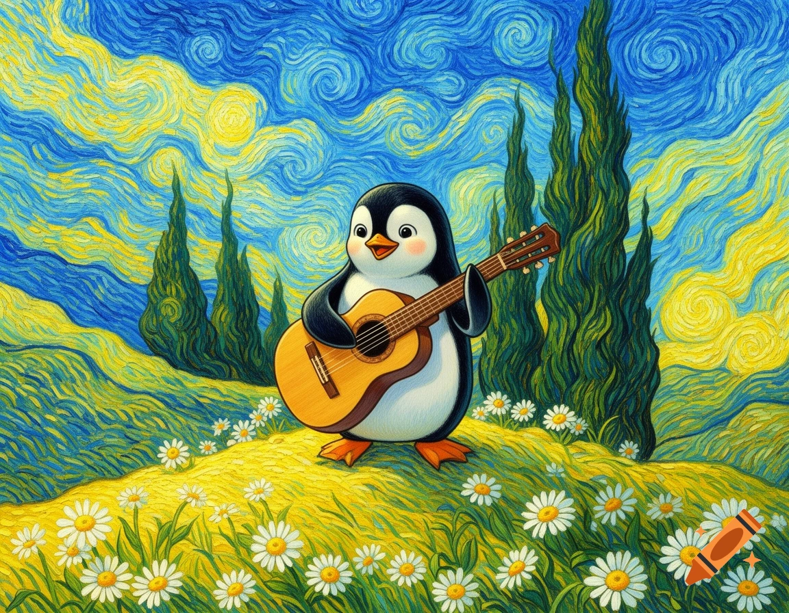 A cartoon penguin playing an acoustic guitar in a vibrant Van Gogh-style landscape with swirling skies, cypress trees, and daisies.