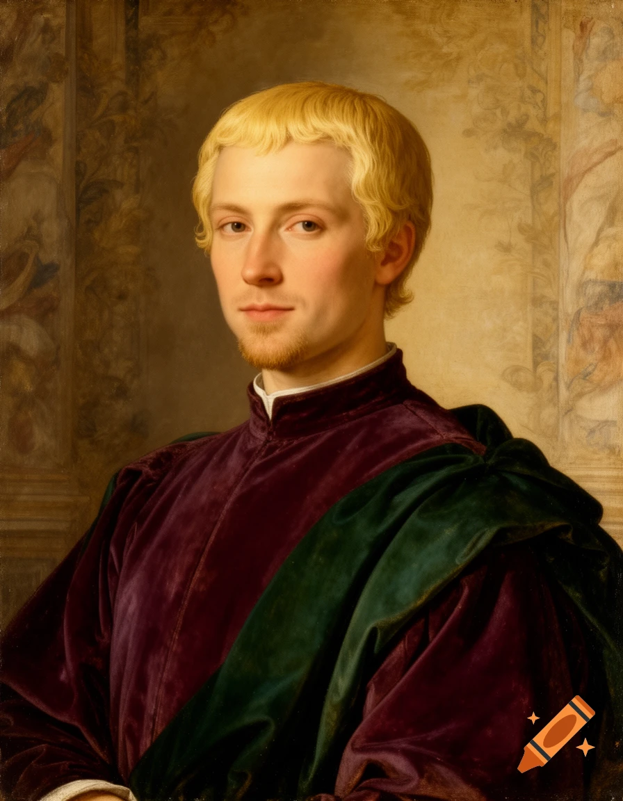 Blonde man with a goatee in a Renaissance-style portrait, wearing a purple velvet jacket and green sash.