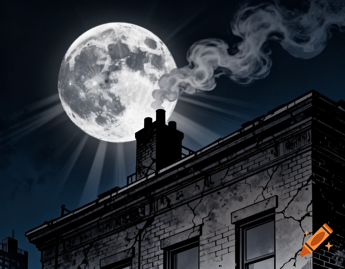 A noir comic book style city rooftop scene at night with a chimney smoking under a large, glowing full moon.