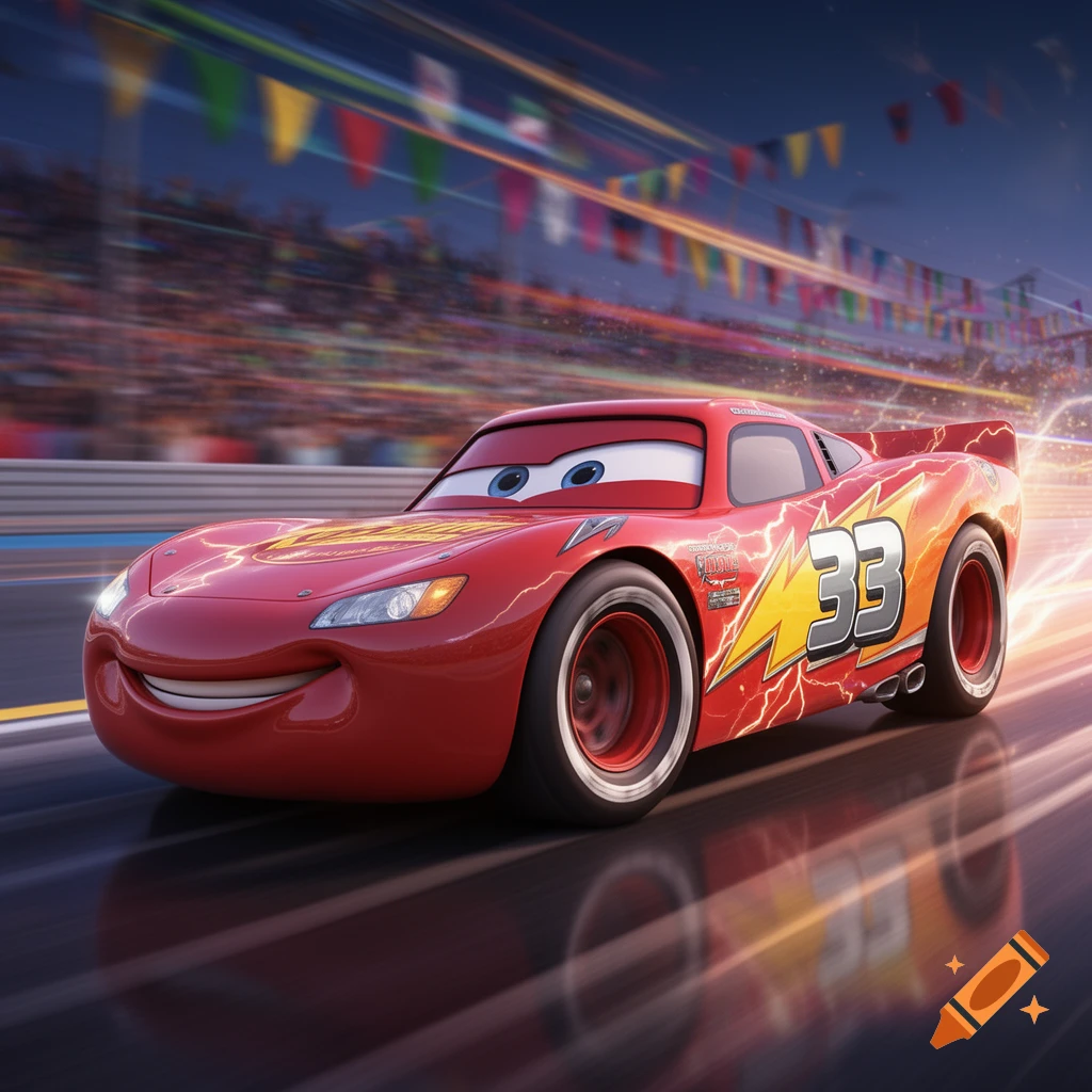 Red animated race car Lightning McQueen with the number 33, speeding on a track with motion blur and stadium crowds.