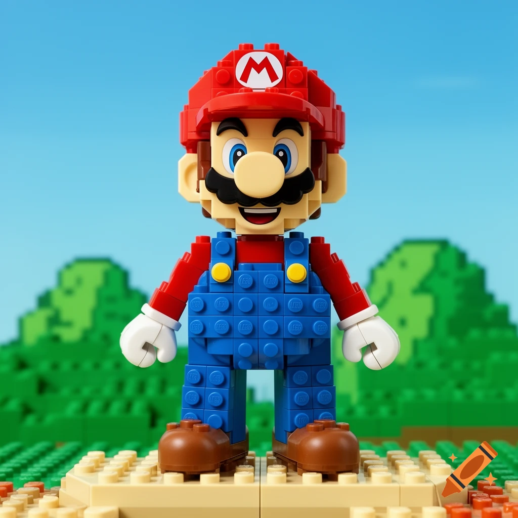 A detailed Lego figure of Super Mario in a pixelated landscape, wearing his red cap, red shirt, and blue overalls.