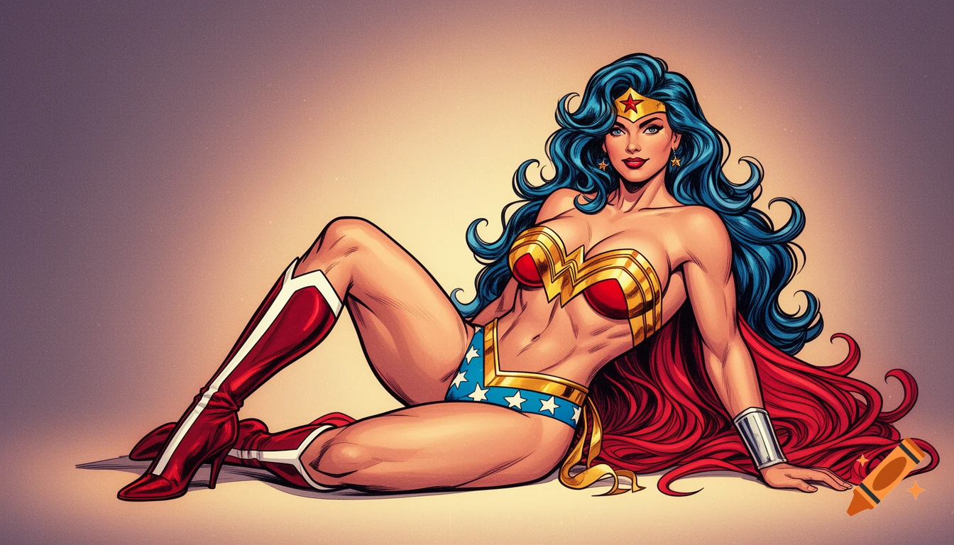Wonder Woman, in 80s comic style, reclines on the floor in her red, blue, and gold outfit, with long boots.