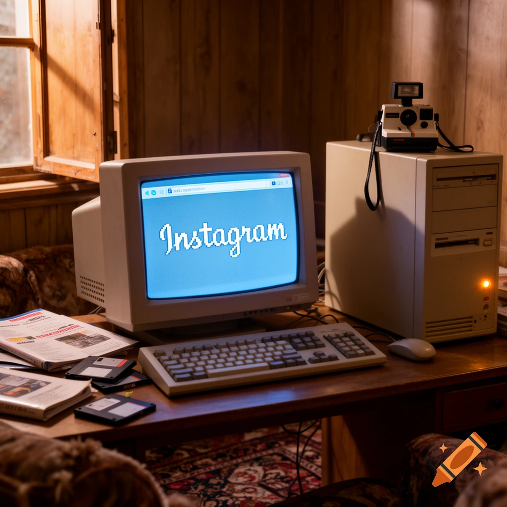 A retro 1990s computer setup with a CRT monitor displaying "Instagram" in pixel art, surrounded by floppy disks, a keyboard, mouse, and an instant camera.
