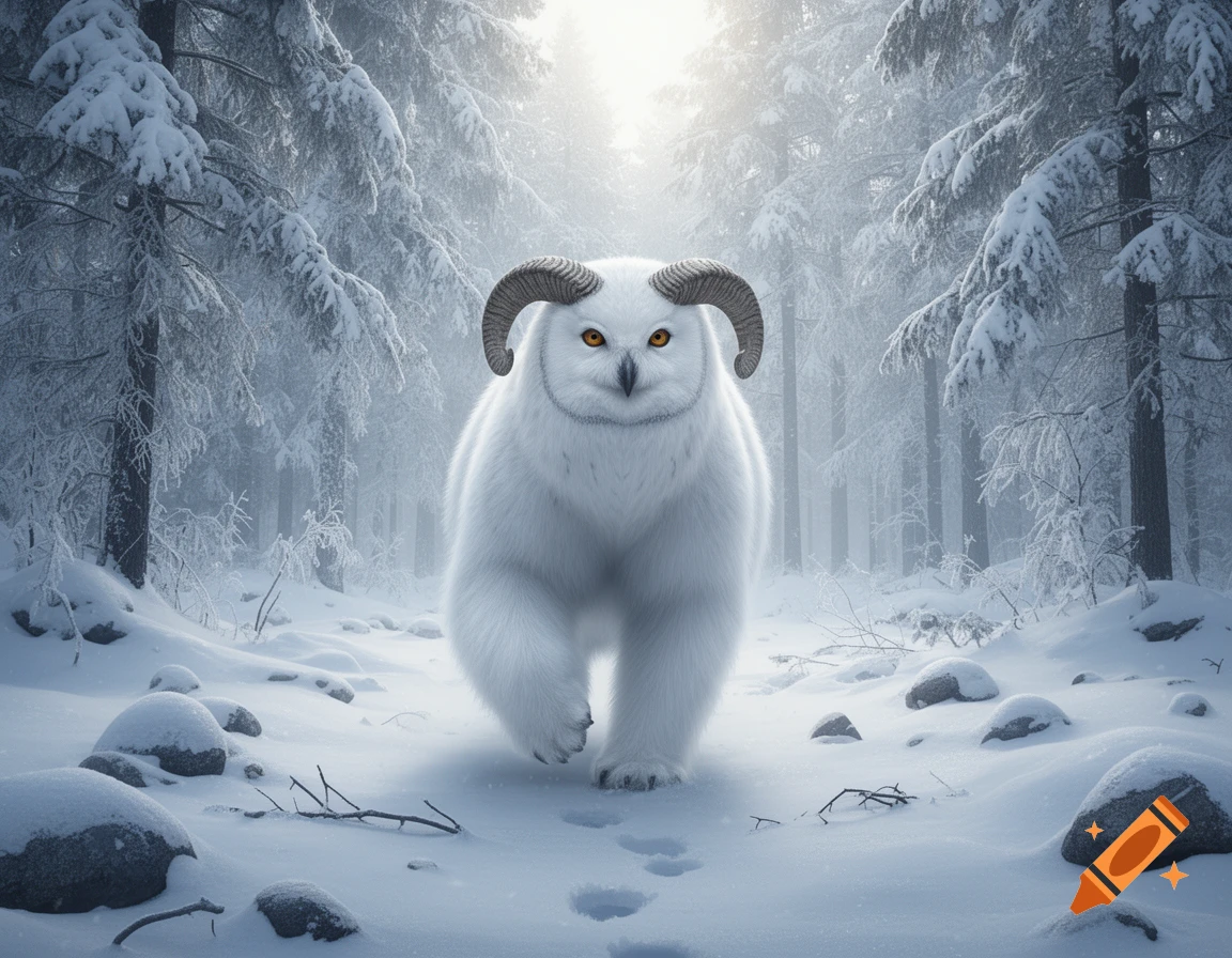 A furry white owlbear with ram horns and orange eyes stands on a snowy path in a bright winter forest.