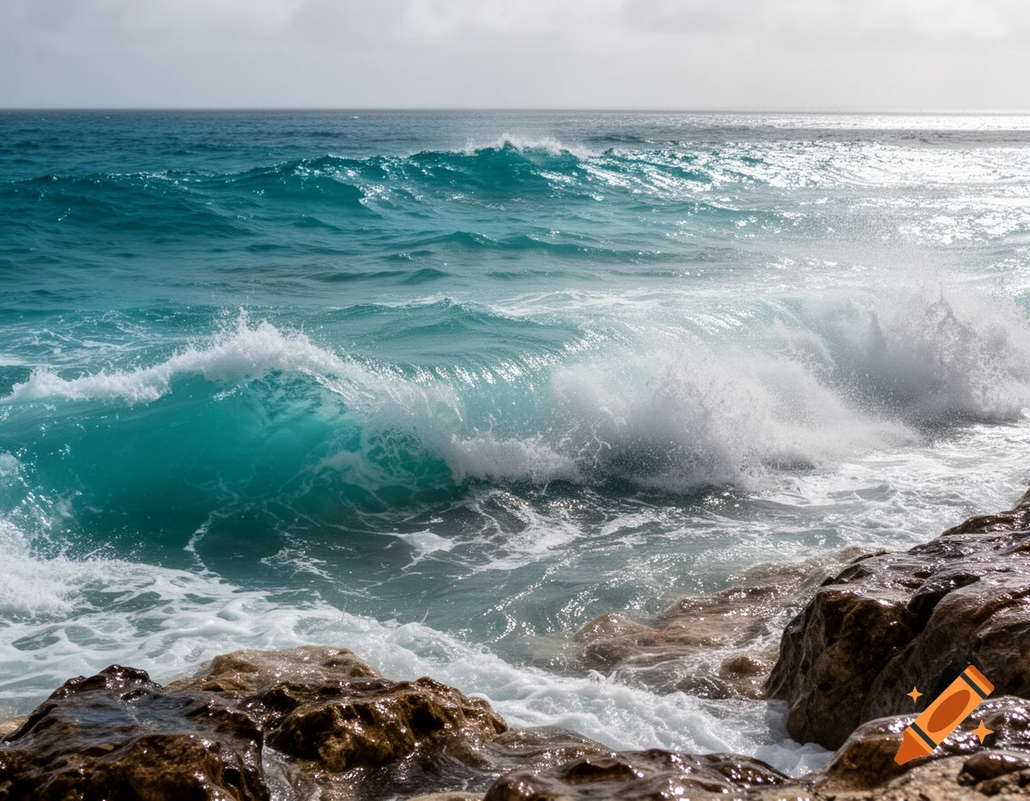 Blue-green ocean waves crash against wet rocks under a bright sky, creating white foam.