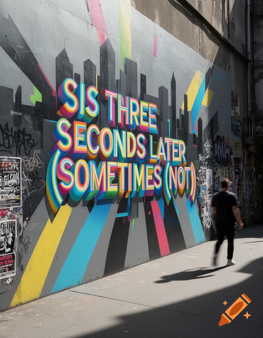 A vibrant mural in an urban alley reads "SIS THREE SECONDS LATER (SOMETIMES (NOT))" with a person walking by.