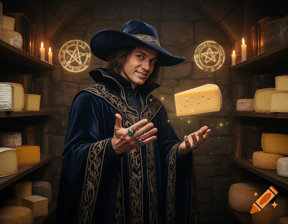 A smiling sorcerer in a blue robe with gold trim magically levitates a block of Swiss cheese in a stone cheese cellar filled with various cheeses.