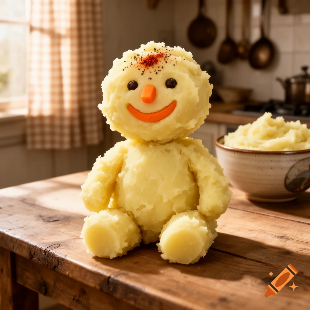 A smiling figure made of mashed potatoes with a carrot nose and black eyes sits on a wooden table in a rustic kitchen next to a bowl of mashed potatoes.