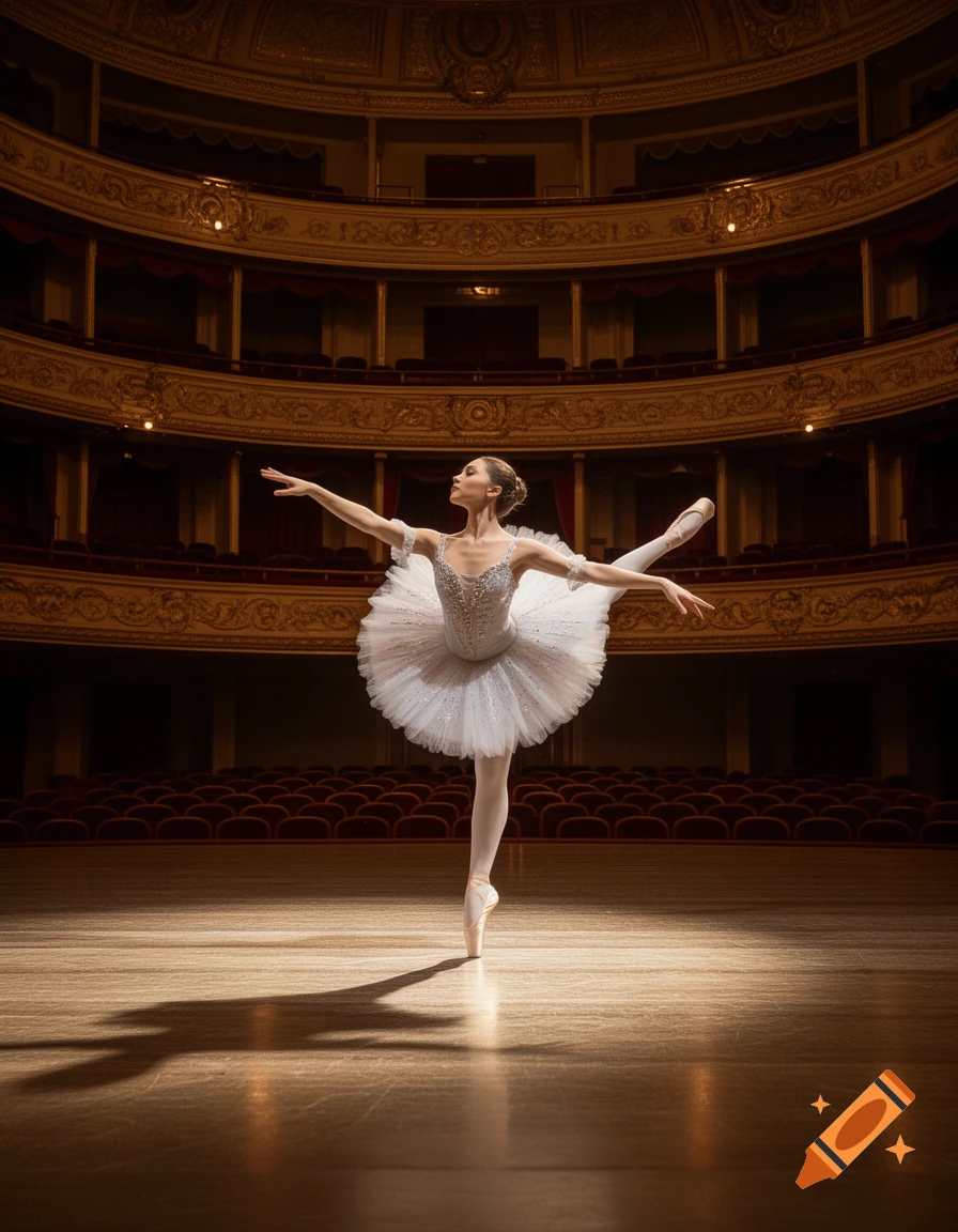 A ballerina en pointe on a spotlighted wooden stage in a grand, ornate theater, arms outstretched.