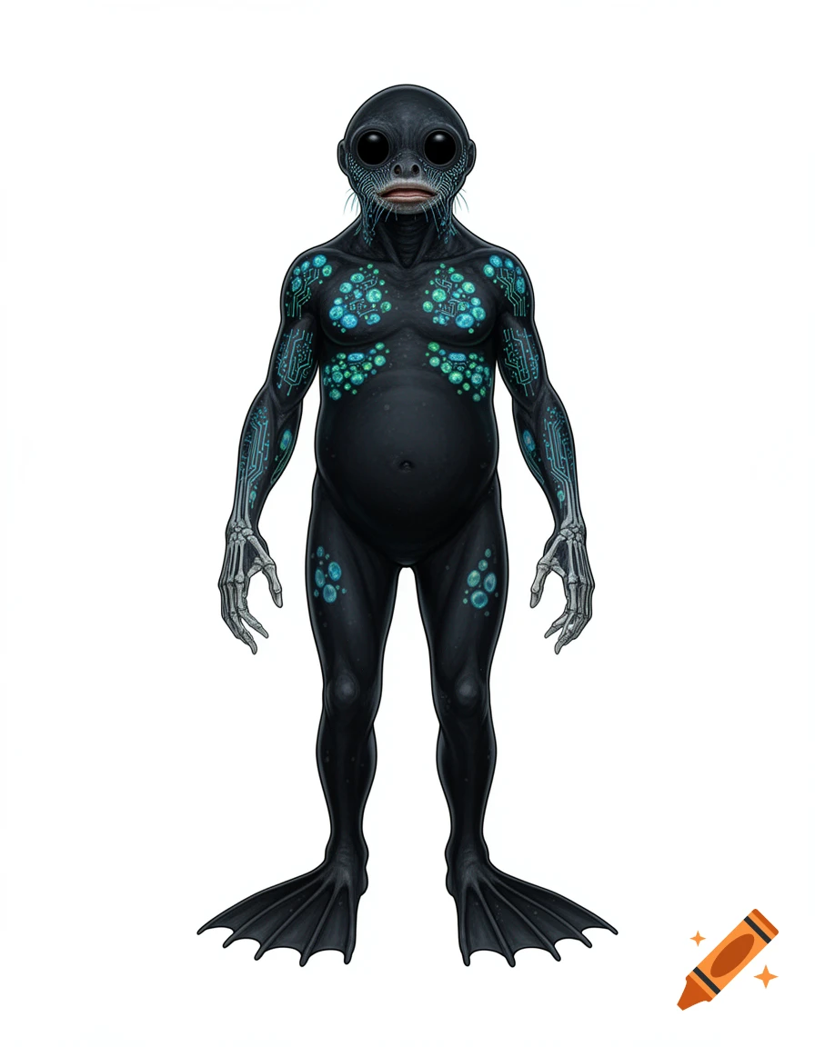 Scientific illustration of a black deep-sea humanoid creature with large black eyes, glowing blue-green bioluminescent patterns, webbed feet, and skeletal hands, standing on a white background.