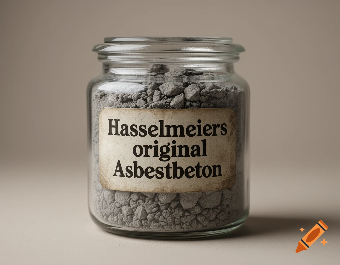 A clear glass jar filled with grey, crumbly material, featuring an aged label that reads 'Hasselmeiers original Asbestbeton'.