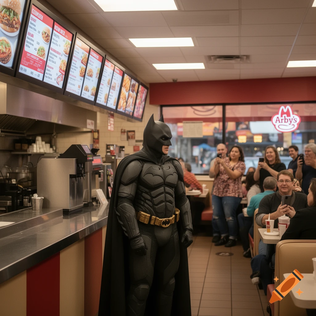 Batman stands in an Arby's restaurant as customers in the background take photos.