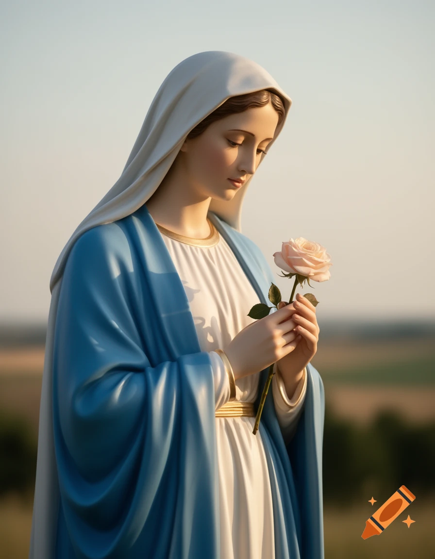 A serene Madonna figure in blue and white robes gazes at a pink rose held in her hands, against a soft outdoor background.