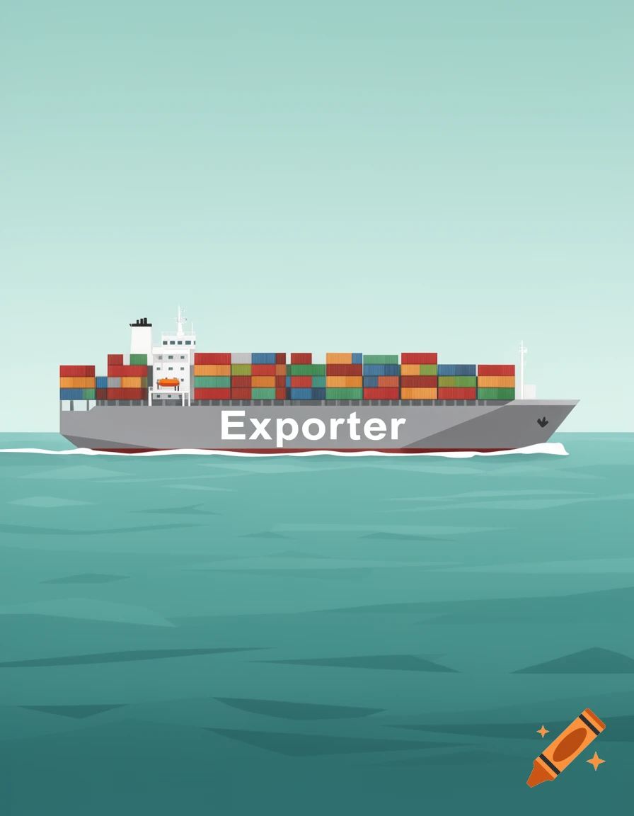 Minimalist illustration of a gray cargo ship with colorful containers, reading 'Exporter', sailing on teal water.