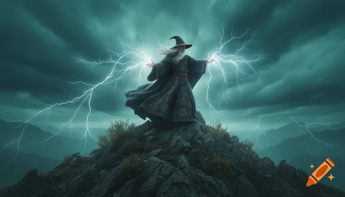 A wizard with a long beard and pointed hat stands on a rocky mountain peak, casting bright lightning spells from his outstretched hands under a stormy blue-green sky.
