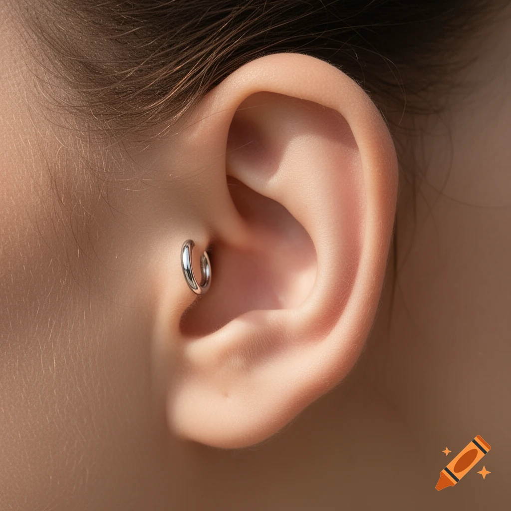 Close-up of a human ear with a shiny silver helix piercing, photorealistic.