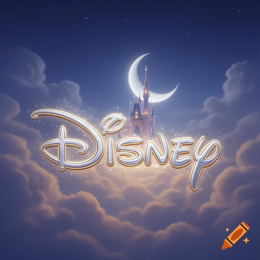The iconic silver Disney logo with a castle and crescent moon above, set against a star-filled night sky with soft clouds.