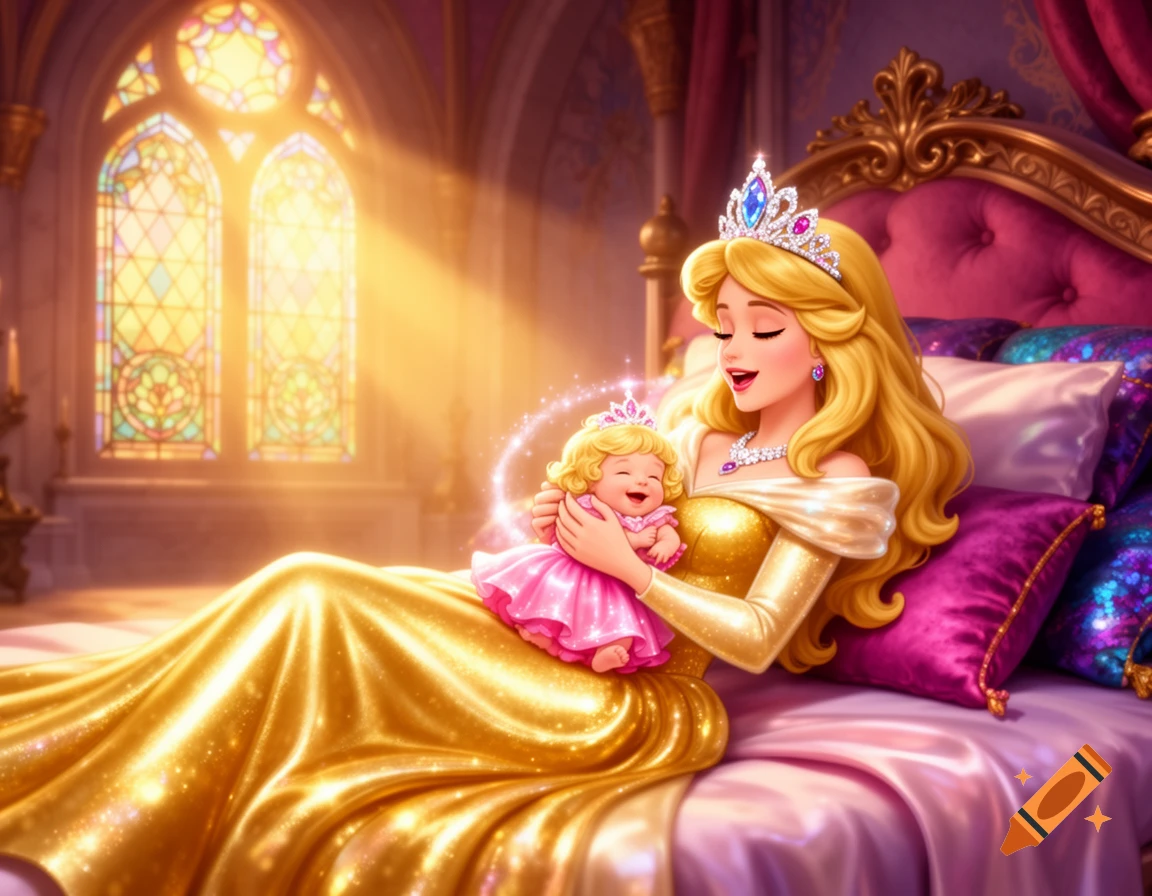A blonde princess in a golden gown and crown cradles a smiling baby princess in a pink dress on a bed, bathed in sunlight from a stained-glass window.