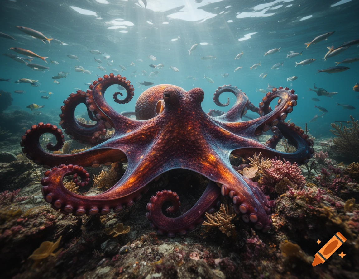 Photorealistic image of a vibrant red and blue octopus on a coral reef, with schools of fish swimming in sunlit ocean water.