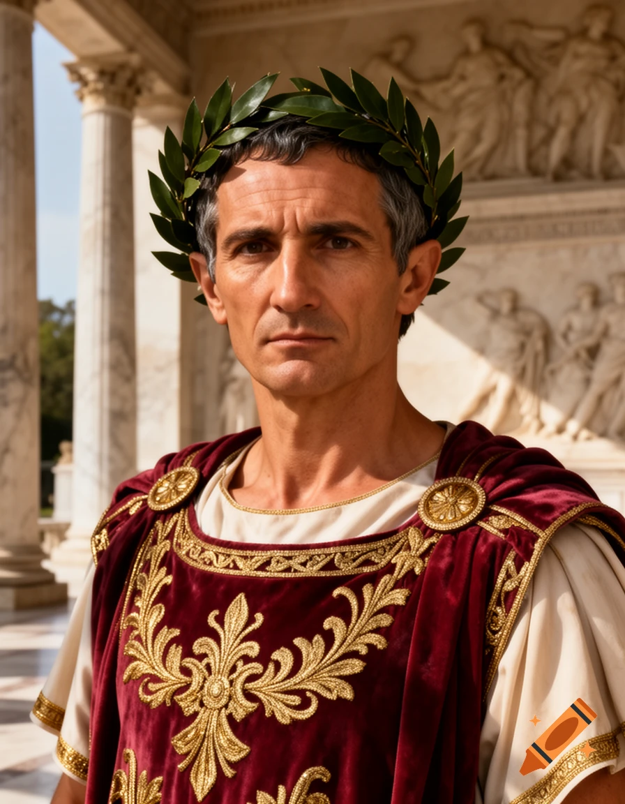 Photorealistic portrait of a man in Roman emperor attire with a laurel wreath, against classical architecture.
