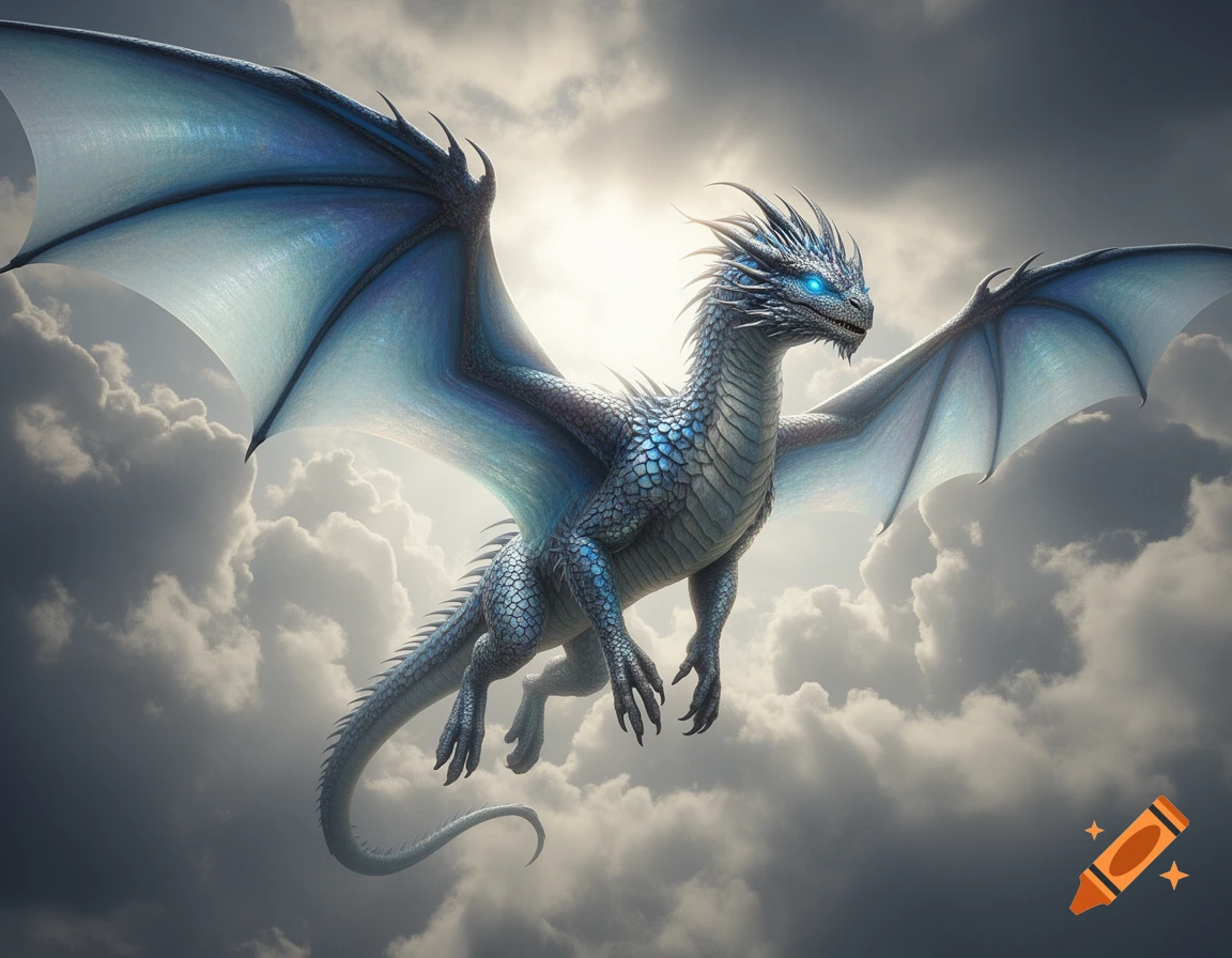 A majestic blue and silver dragon with glowing eyes flies through a cloudy sky, with bright sunlight behind it.