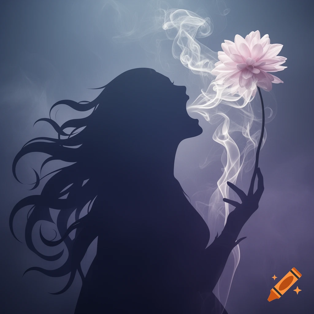 Dark silhouette of a woman with long hair, exhaling smoke that transforms into a pink flower, against a gradient background.
