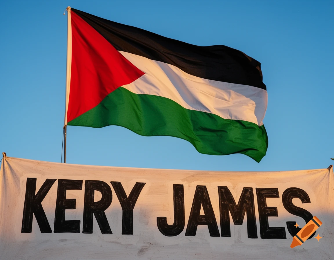 A Palestinian flag waves above a white banner displaying 'KERY JAMES' against a bright blue sky.