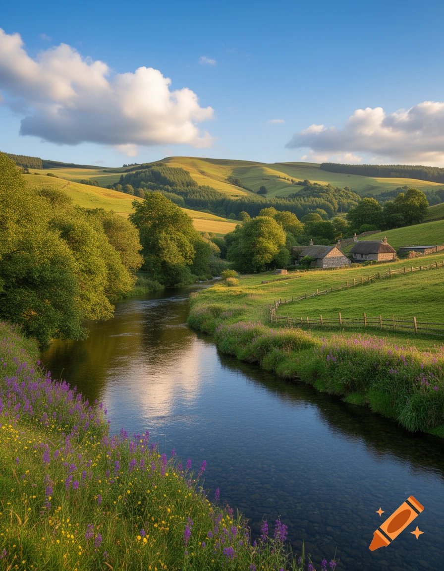 A serene river winds through a lush green valley with rolling hills, trees, and two stone cottages under a blue sky, wildflowers dotting the banks.