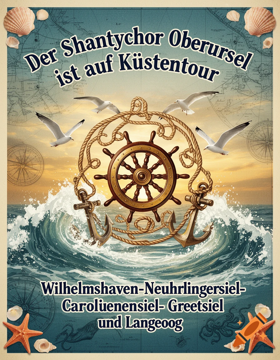 Vintage-style poster with a ship's wheel, anchors, seagulls, and waves, promoting the 'Shantychor Oberursel' tour.