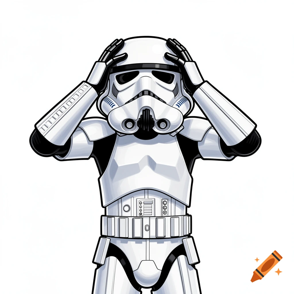 A cartoon stormtrooper in white armor holds its hands to its head, appearing shocked, against a white background.