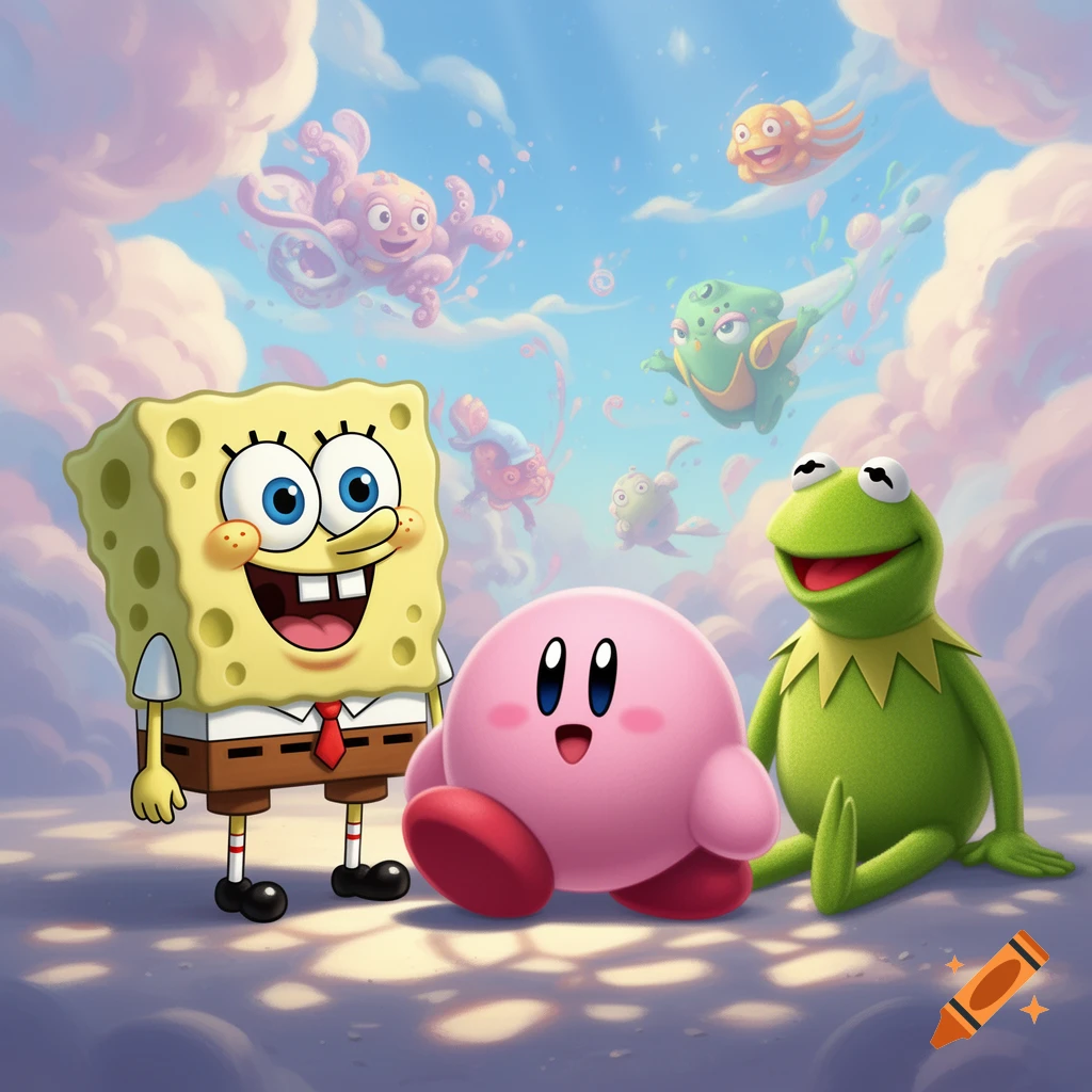 Spongebob, Kirby, and Kermit the Frog on a cloud, with colorful creatures floating in a pastel sky.