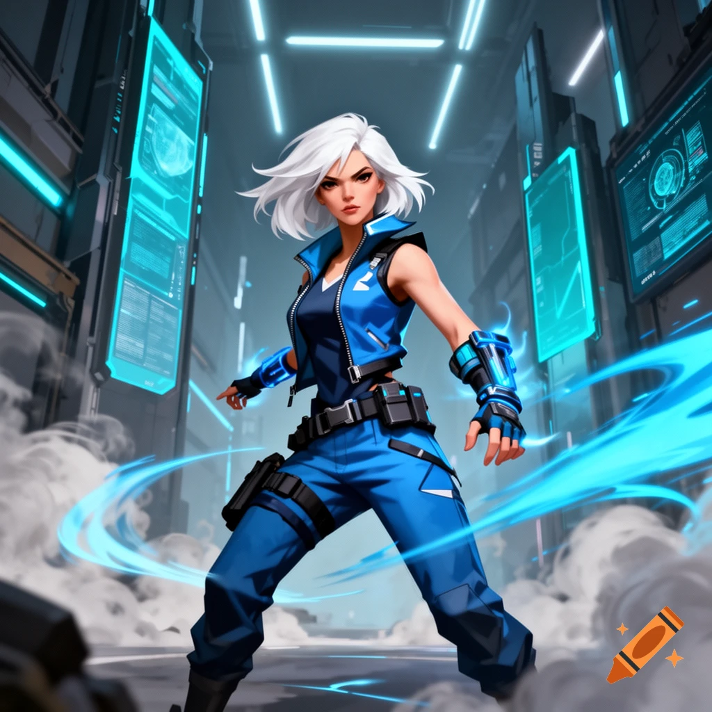 White-haired female character in a blue tactical suit, surrounded by glowing energy, stands in a futuristic city, anime style.