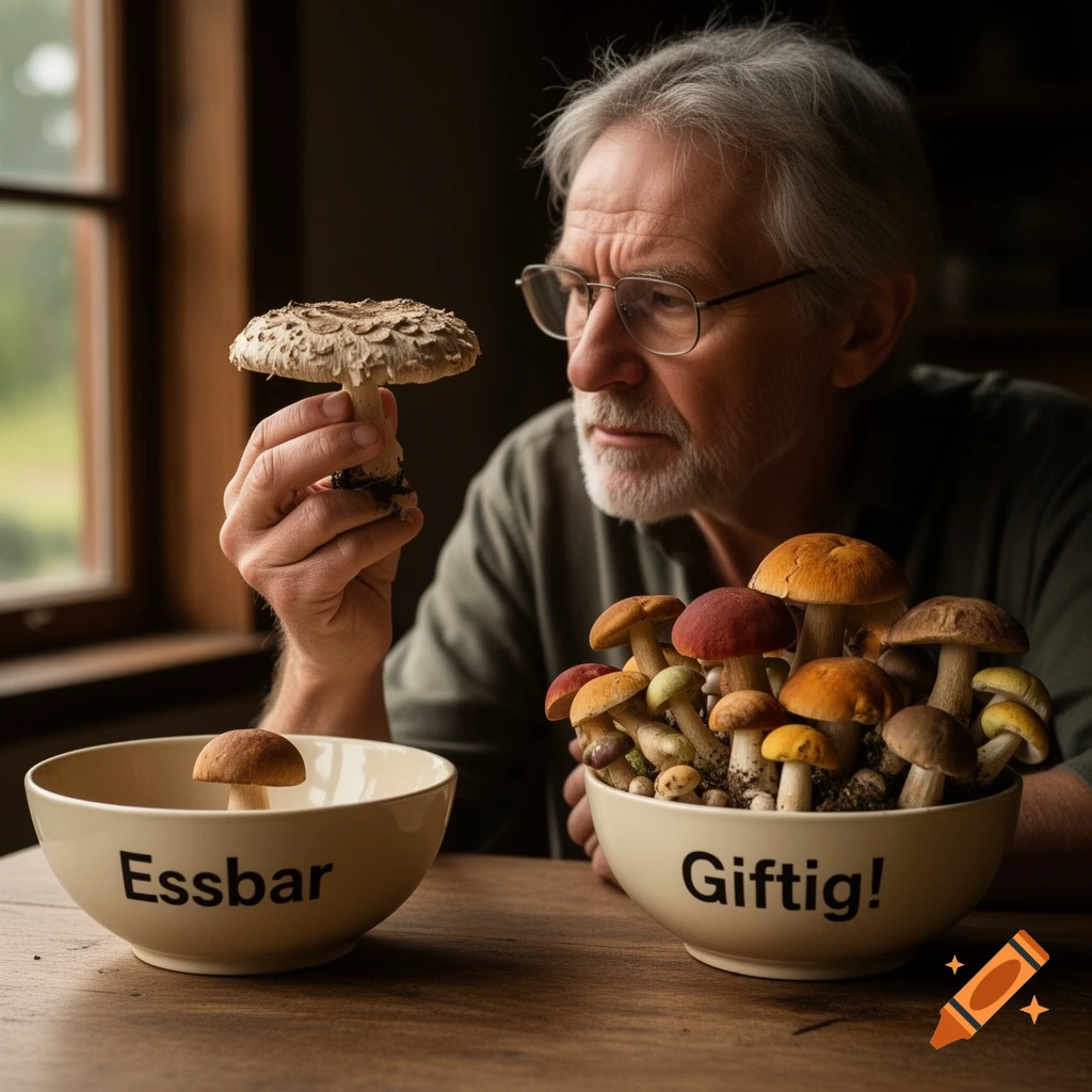 An older man examines a mushroom, with a bowl of 'Essbar' and 'Giftig!' mushrooms on a wooden table, photorealistic.
