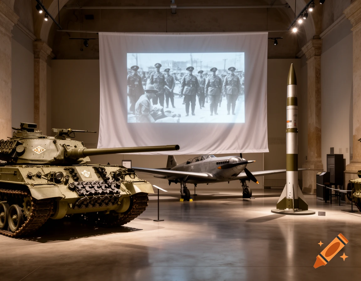 A military museum exhibit with a green tank, a silver propeller plane, and a tall missile. A historical photo is projected.