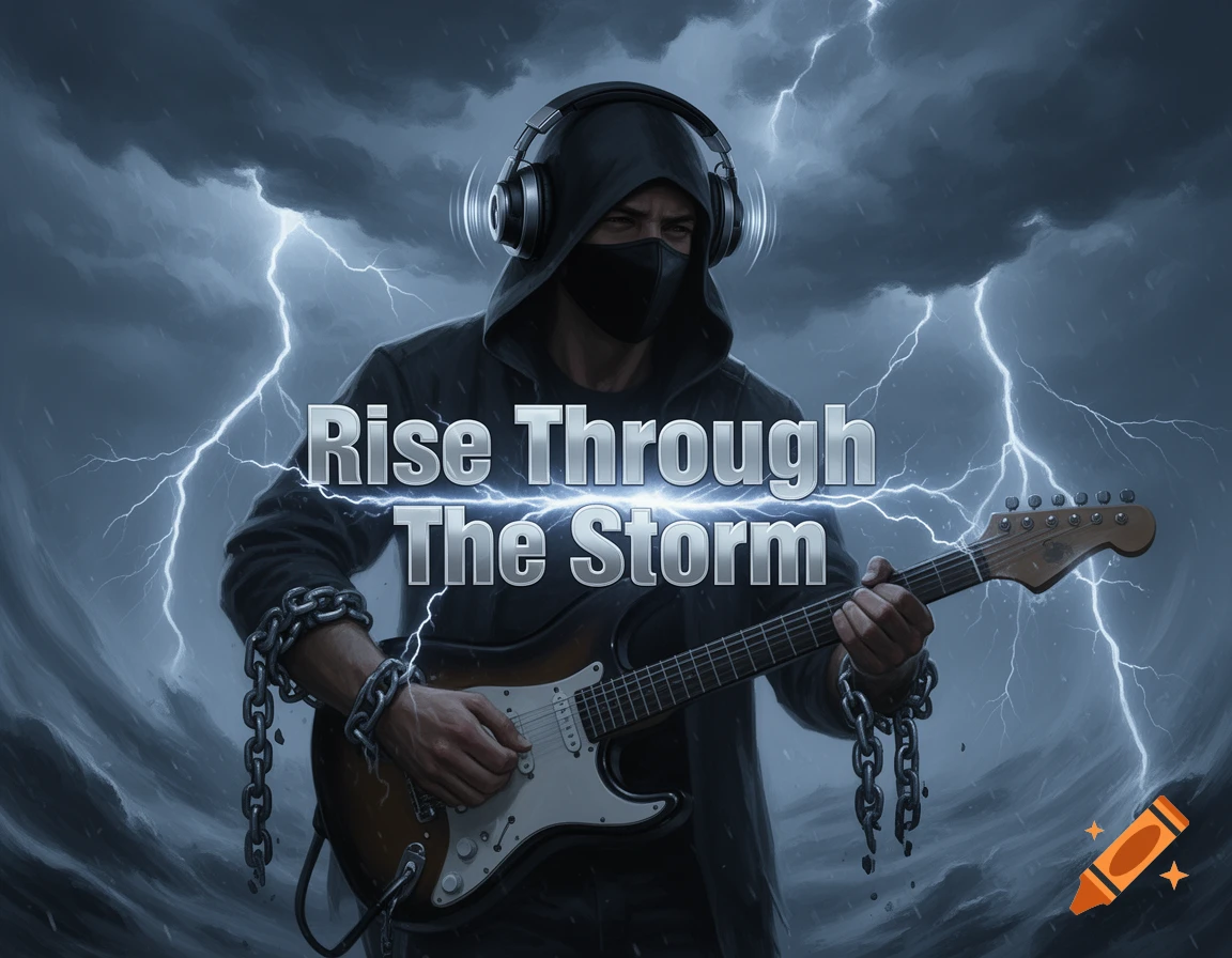 A masked man in a hoodie and headphones plays an electric guitar, his wrists chained, against a stormy, lightning-filled sky with 'Rise Through The Storm' text.